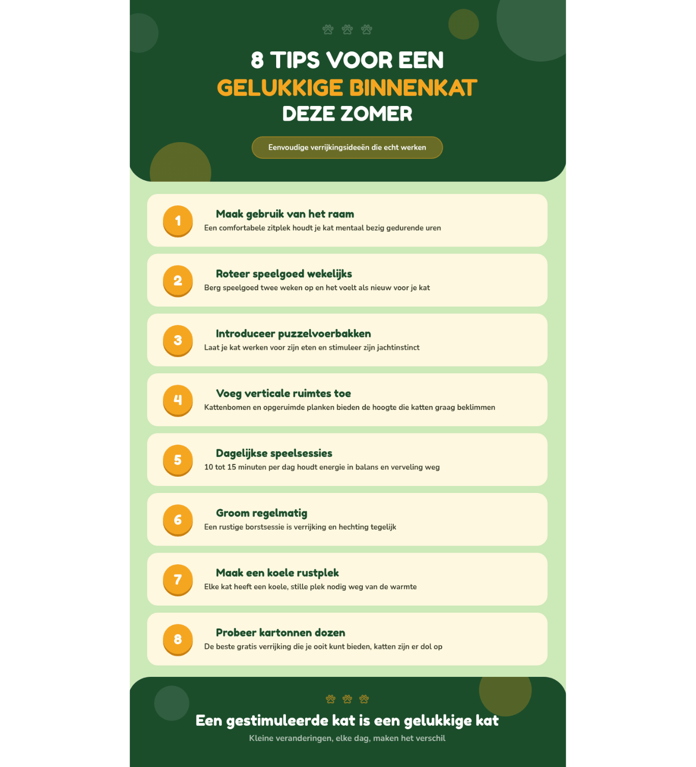 Infographic over verrijking voor binnenkatten met 8 wintertips om katten gelukkig te houden: maak een zitplek bij het raam, wissel speelgoed wekelijks af, gebruik voerpuzzels, creëer hoge plekken, speel dagelijks, verzorg de vacht regelmatig, maak een knus hoekje en gebruik kartonnen dozen.